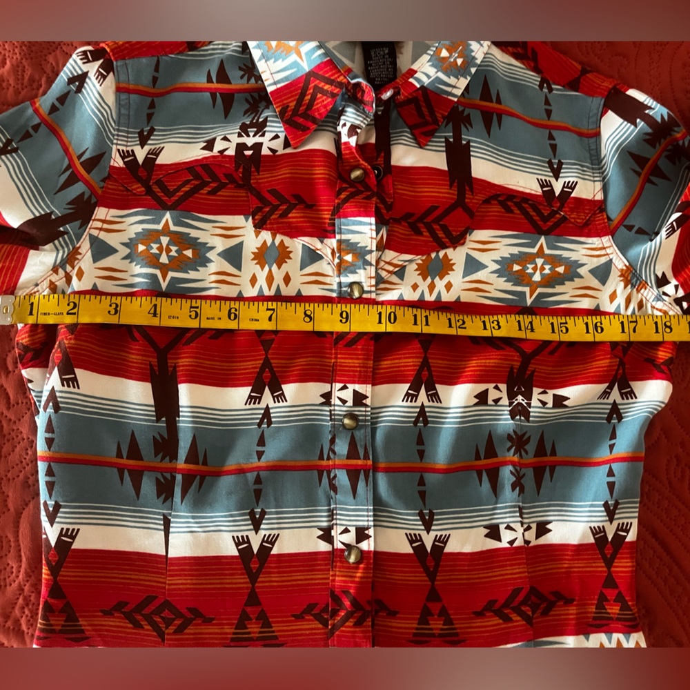 Wrangler Retro Teal Red Brown Southwest Aztec Pearl Snap Western Shirt, Size S - Picture 14 of 15